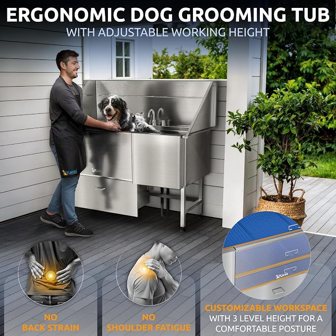 Professional Dog Washing Station 304 Stainless Steel Pet Wash Sink | Grooming Bathtub w/Shower, Floor Grates and Storage for Large, Medium & Small Pets (Silver, 61 Inches, Right Ramp, 1 Drawer)