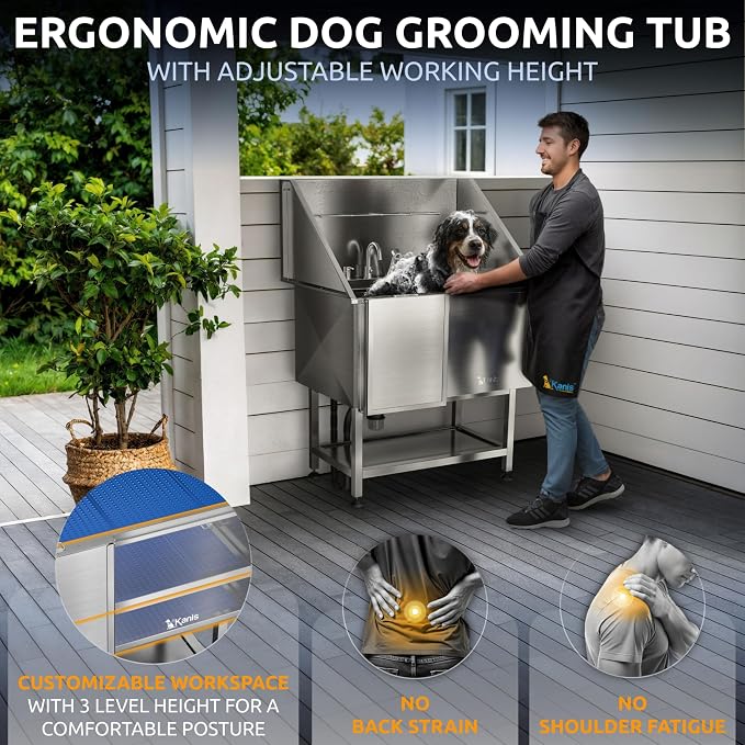 Professional Dog Washing Station 304 Stainless Steel Pet Wash Sink | Grooming Bathtub w/Shower, Floor Grates and Storage for Large, Medium & Small Pets