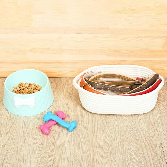 5-Piece Small Decorative Woven Storage Baskets Set for Shelves, Bathroom, Pantry and Nightstand Organizer, Catch All Tray for Organizing Gifts, Dog and Cat Toys, Creamy White