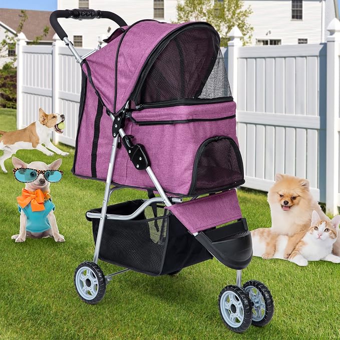 BLKMTY 3 Wheels Dog Stroller, Foldable Stroller for Cat, Dogs Waterproof Travel Carrier Strolling Cart for Puppy Small Dog Jogger Strollers W/Cup Holder & Storage Basket, Purple