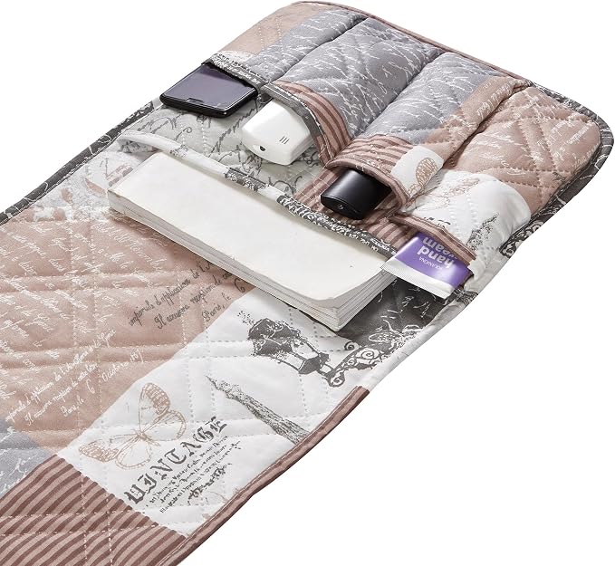 Brilliant Sunshine Latte Grey Toile Couch Armrest Cover, 35"×13" | Washable Magazine Holder, Armrest Organizer & Caddy on Sofa, Recliner, Armchair, Storage for Remote Controls, Phone, iPad
