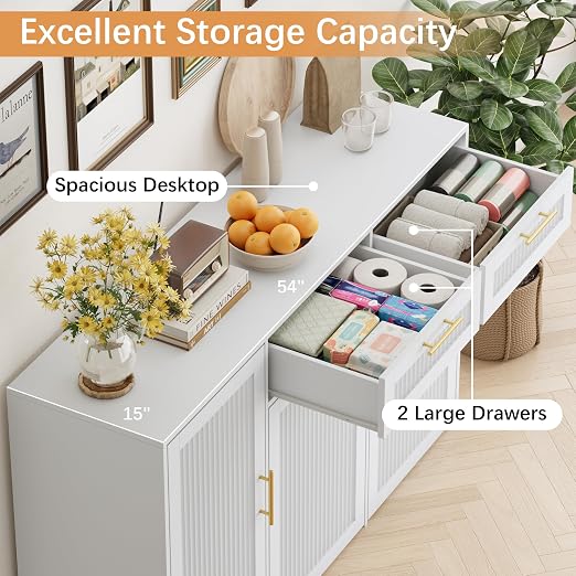 2 X 13 Gallons Double Pull Out Trash Can Cabinet with Storage, White | 54"W Fluted Kitchen Trash Cabinet with Adjustable Shelf & Drawers, Hidden Pet Proof Trash Can Holder for Laundry Living Room