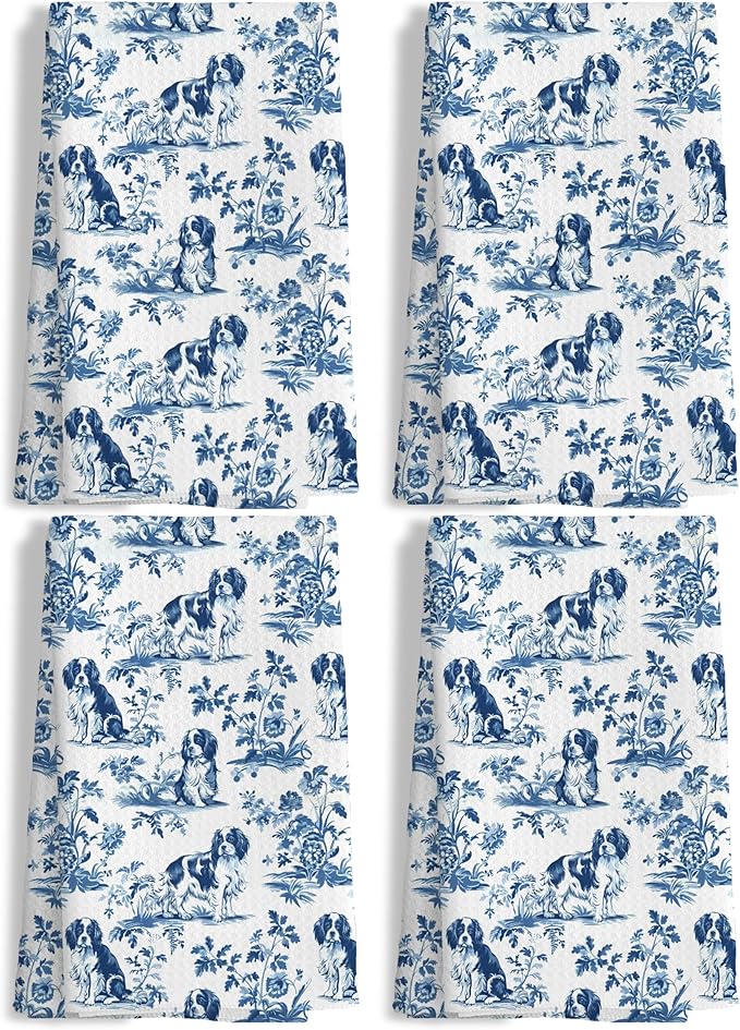 Chinoiserie Cavalier King Charles Spaniel Kitchen Towels Set of 4,Blue and White Floral Cavalier Spaniel Decorative Dish Tea Towels,Grandmillennial Dog Hand Towels for Kitchen Bathroom,16x24Inch