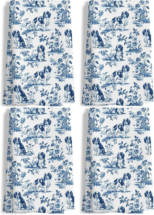 Chinoiserie Cavalier King Charles Spaniel Kitchen Towels Set of 4,Blue and White Floral Cavalier Spaniel Decorative Dish Tea Towels,Grandmillennial Dog Hand Towels for Kitchen Bathroom,16x24Inch