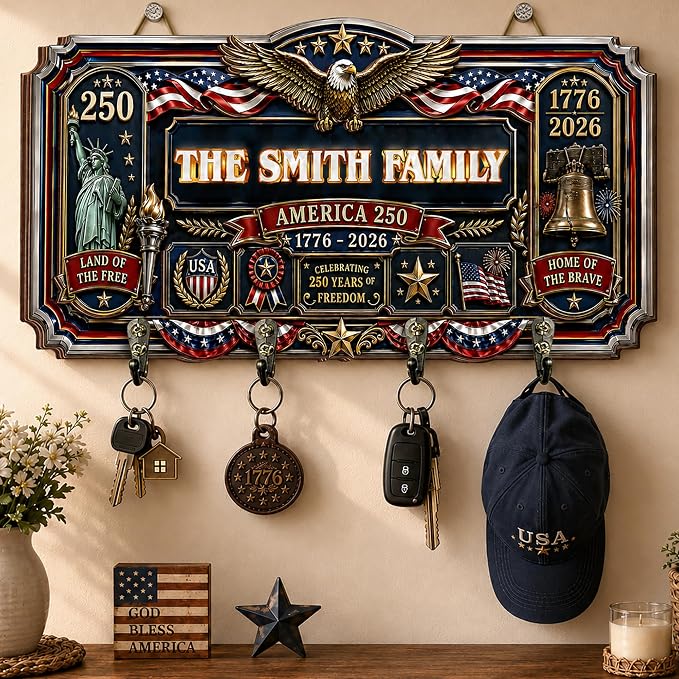 Personalized Key Holder Wall Mount, Custom USA 250th Anniversary Key Wall Hanger Organizer with Family Name, Keys Hanger Rack for Bags, Coats, Umbrellas, Keys Hooks for Entryway, Door, Bathroom