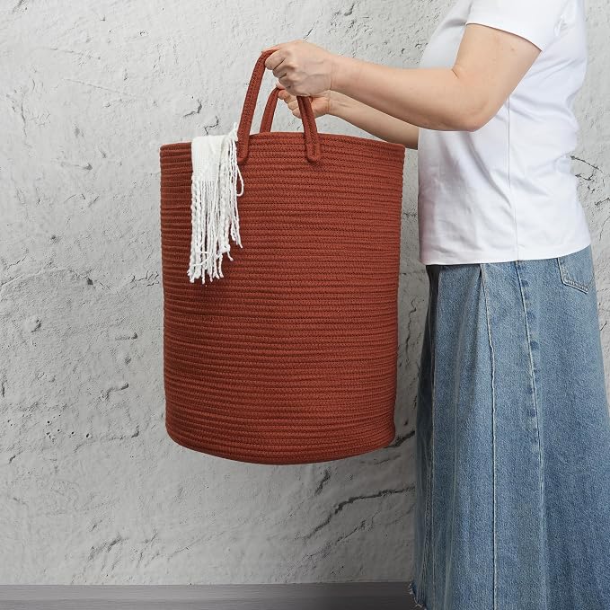 Woven Cotton Rope Laundry Basket, 15" x 20" Laundry Hamper, Rustic | Rope storage basket for dirty clothes, toys and blankets. Perfect for bathroom, baby nursery and living room storage.