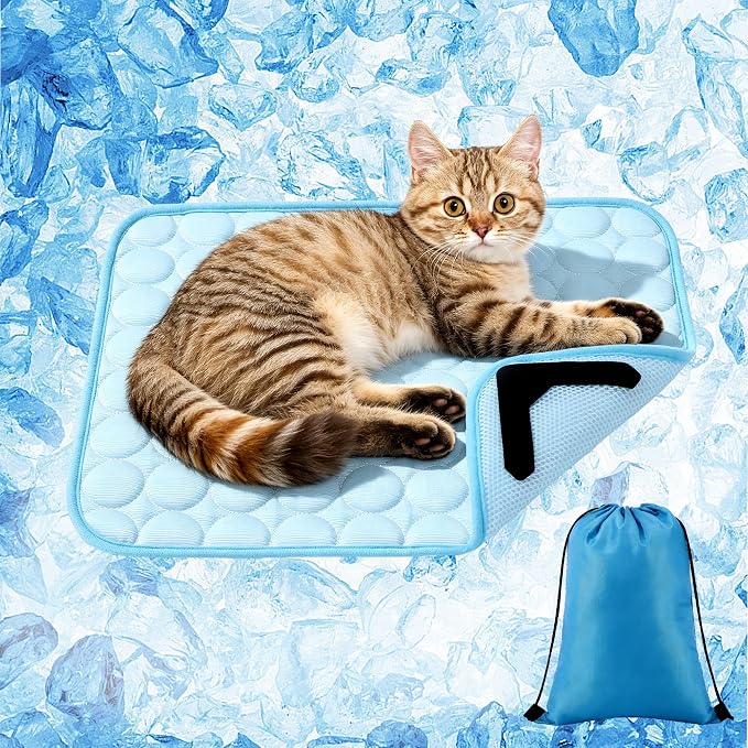 MCEAST Cat Cooling Mat 20" x 16" Self Cooling Pad for Smal Dogs Cats Non-Slip Cool-Chill Mats Summer Pet Blanket with Storage Bag Washable Cool Pet Pad for Floor Sofa Bed Car Travel, Small