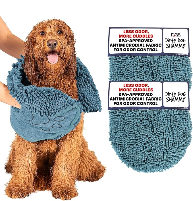 Dog Gone Smart The Dirty Dog Shammy - 2-Pack, Antimicrobial Microfiber Dog Towel for Odor Control, Fast-Drying Plush, Dual Hand Pockets & Super Absorbent, Machine Washable - 31 x 13 in, Pacific Blue
