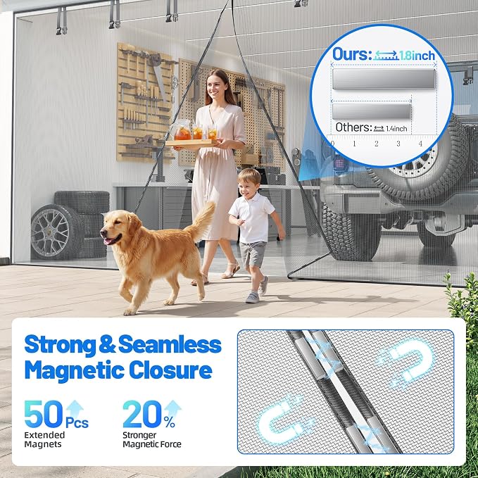 Garage Door Screen for 2 Car - Heavy Duty Magnetic Garage Screen Door Mesh | Fiberglass Garage Net Sceen with 6 Roll Up Straps, Patio Screen Keeps Bugs & Mosquitos Out Fits Garages Doors Size 9x7 Ft
