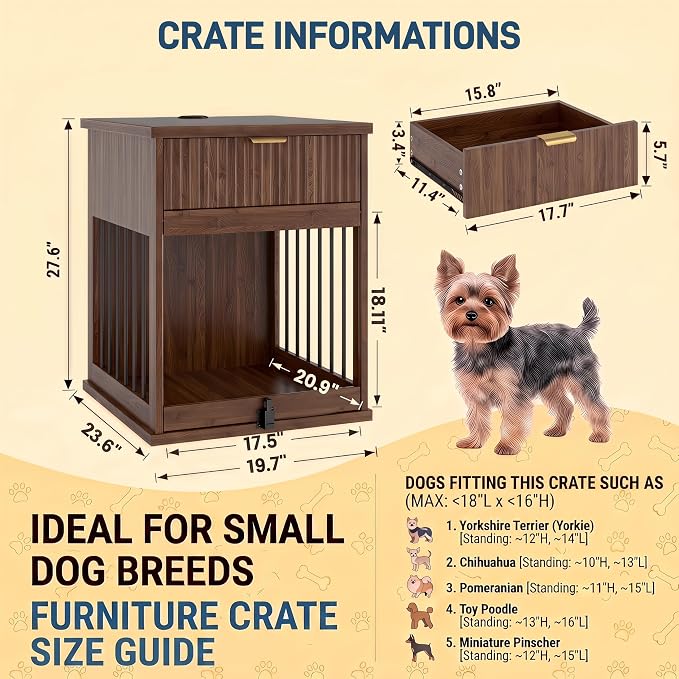Dog Crate End Table w/Charging Station, Glass Door, Storage Drawer | Smart 3-in-1 design with built-in power hub.hideaway tempered glass door & deep drawer.Sturdy MDF build for small dogs.