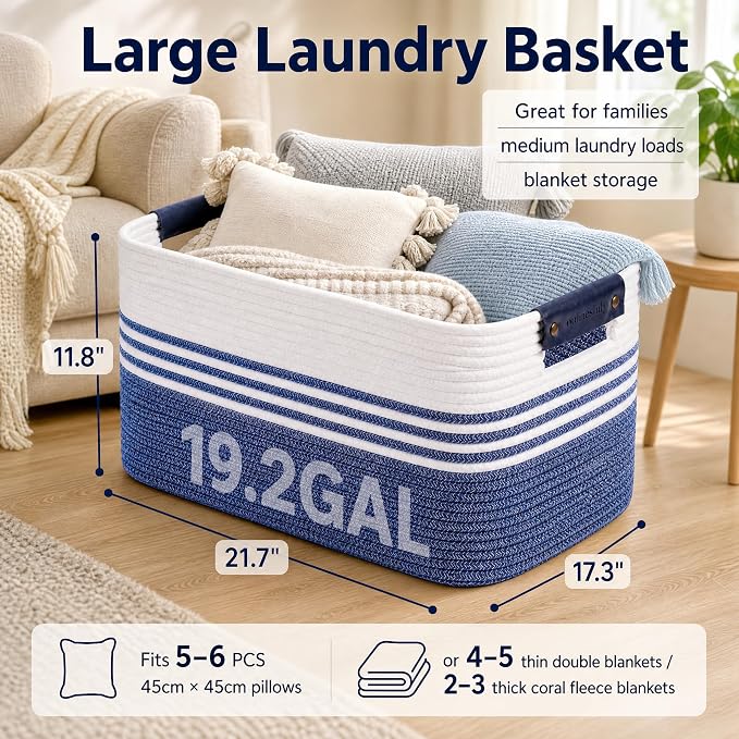 Cotton Rope Laundry Basket Large, 19.2GAL Collapsible Woven Storage Baskets for Living Room Kids Toys Stuffed Animal,Boho Rectangular Decorative Short Hamper for Dirty Clothes, Blankets Denim Blue