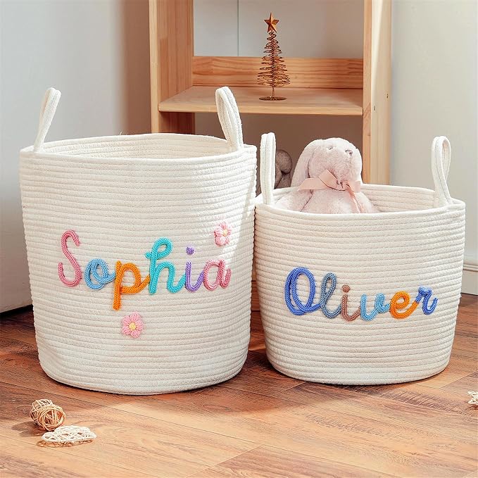 JUPPE Pet Dog Basket with Personalized Name, Dog Toys Storage Organizer Custom Cotton Rope Basket Nursery Decor (XL Basket)