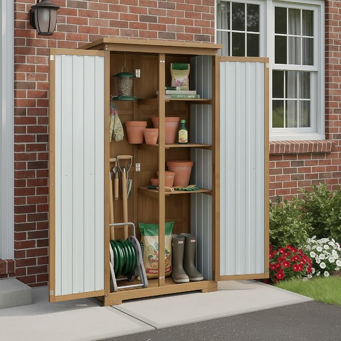 Outdoor Storage Cabinet with Shelves, Weatherproof Stylish Shed for Patio | Adjustable Shelf for Flexible Storage, Lockable Doors for Security, Raised Base, Wood & Metal, Fits Backyard, Garage & Garden