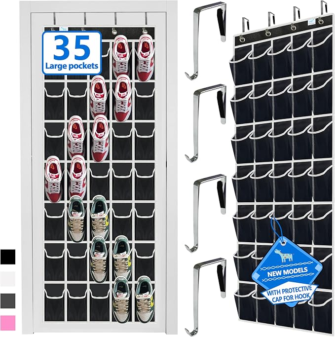 Over the Door Shoe Organizer, 2025 Upgrade 35 Large Pockets for Shoe Storage, Hanging Shoe Holder with Metal Hook, Clear Shoe Rack for Closet Bathroom Door Space Saving - Black/White