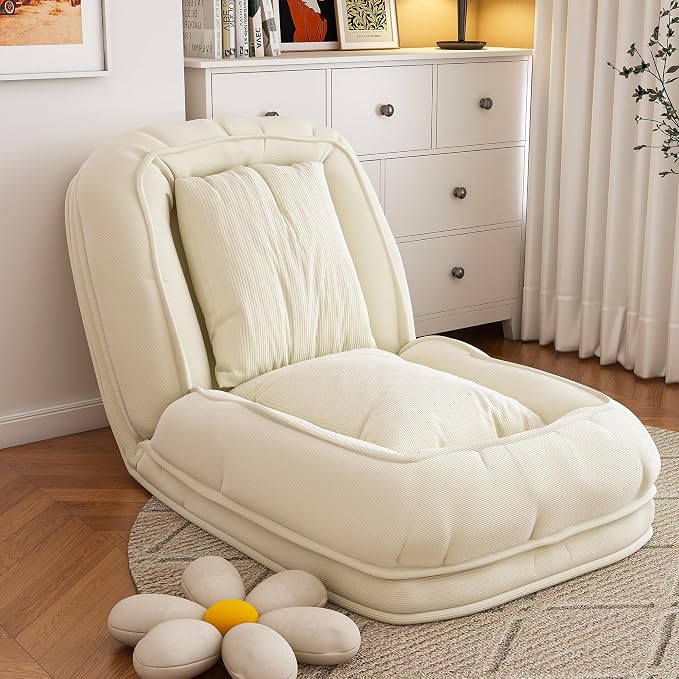 Upholstered Human Dog Bed for Adults and Pets, Foldable Lazy Sofa Bed with 5 Adjustable Position, Includes 2 Soft Pillows for Bedroom, Living Room, Reading Corner (Off White)