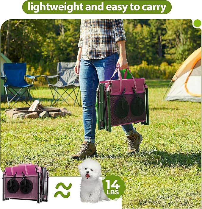 Pink Small Collapsible Wagon Cart, Lightweight Folding Utility Cart with Wheels, 220lbs Capacity Portable Grocery Cart for Sporting Events, Garden, Shopping (Pink)