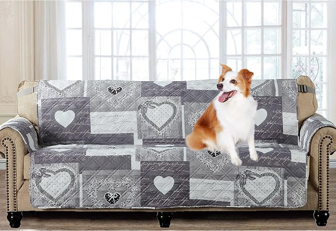 Brilliant Sunshine Grey Heart Love Patchwork Couch Cover, 78" seat | Quilted Sofa Cover, Living Room & Bedroom Furniture Protector, Extra Large Washable Slipcover for Pets, Dogs & Cats