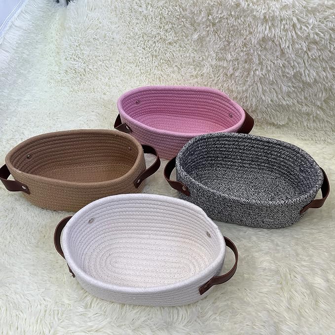 ABenkle Small Woven Basket, Mini Cotton Rope Storage Basket, Tiny Easter Basket, Shelf Basket, Oval Decorative Toy Dog Cat Basket for Nursery, Empty Gift Basket, 9.4" x 5.9" x 3.9" XS