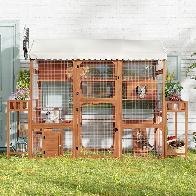 Large Outdoor Cat Enclosure Wooden Catio with Multi-Level Play Platforms, Climbing Ramps, Resting Boxes, Pom-Pom Toys & 2 Plant Stands, Weather-Resistant Roof & Wire Mesh for Backyard Patio, Brown
