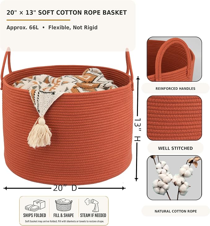XUANGUO 66L Large Blanket Basket, Round Cotton Rope Basket, Rustic | 20" x 13" Laundry Basket with Sturdy Handles for Blankets, Pillows and Toys; Storage for Living Room, Bedroom and Nursery