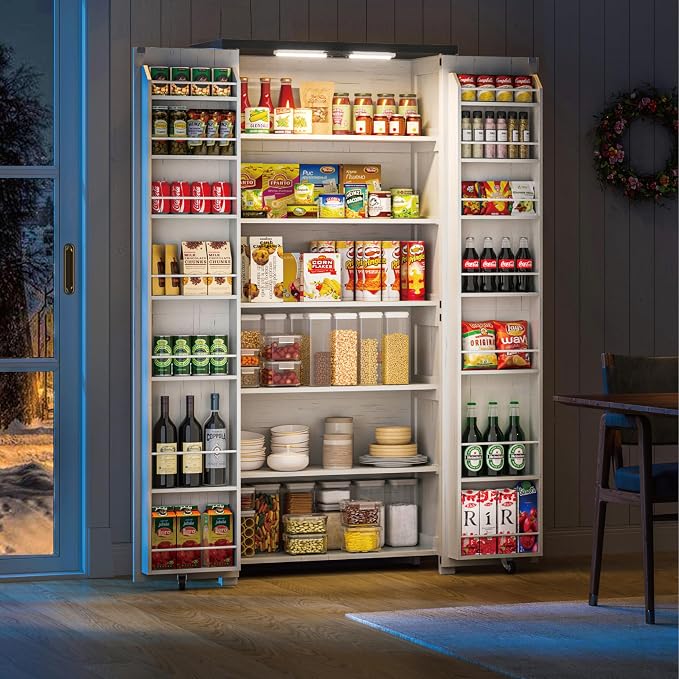 Furnaza Farmhouse 72" H Kitchen Pantry Cabinet with Adjustable Shelves | LED Craft Storage Cabinet Cabinet with 2 Barn Doors for Craft Room,Dining Room,Living Room,Home Office,16"D x 30"W