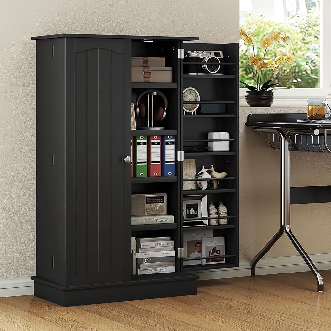 HOMCOM 41" Kitchen Pantry Storage Cabinet 12 Door Shelves Black | Freestanding Kitchen Cabinet, 2 Doors, 5-Tier Shelving, Adjustable Shelves