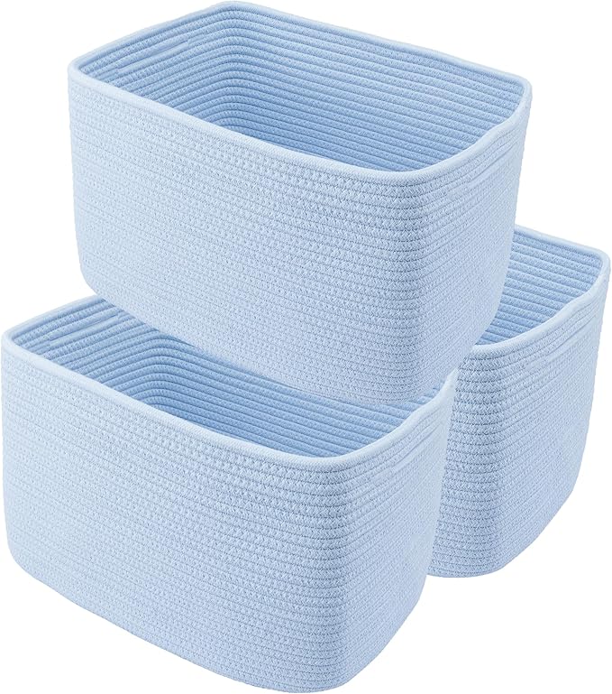 XUANGUO Woven Cotton Rope Storage Baskets 15x10x9.3" 3 Pack Light Blue | Decorative rectangular storage baskets for shelves and closets; storage bins organize clothes, toys, books and nursery items.