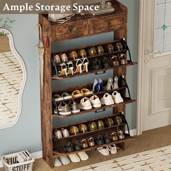 BORNOON Shoe Storage Cabinet for Entryway, Farmhouse Narrow Shoe Cabinet with 3 Flip Drawers & 2 Top Drawers, Adjustable Shelves & Hooks, Freestanding Hidden Rack Organizer for Hallway, Foyer