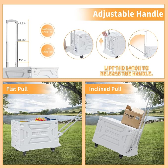 VECELO 88LHeavy-Duty 2-in-1 Foldable Utility Cart, Large Capacity Rolling Crate, Thickened Material with Silent Swivel Wheels, Dual Modes (Basket/Flatbed) for Grocery, Laundry, Camping, White