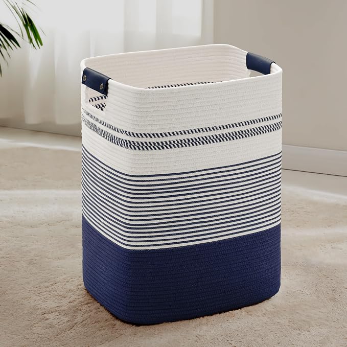 85L Tall Woven Laundry Basket Hamper with Leather Handles,Navy | collapsible wicker hamper, storage for dirty clothes, toys, blankets, gifts, living room, bedroom, bathroom, 17"x14"x22"