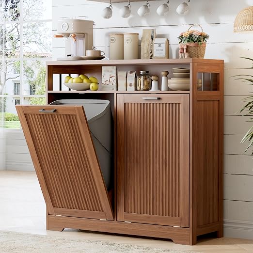 Pet-Proof Double 13 Gallon Tilt Out Trash Can Cabinet with Open Storage – Hide Garbage & Recycling Bins to Keep Your Kitchen Clean and Organized,Walnut