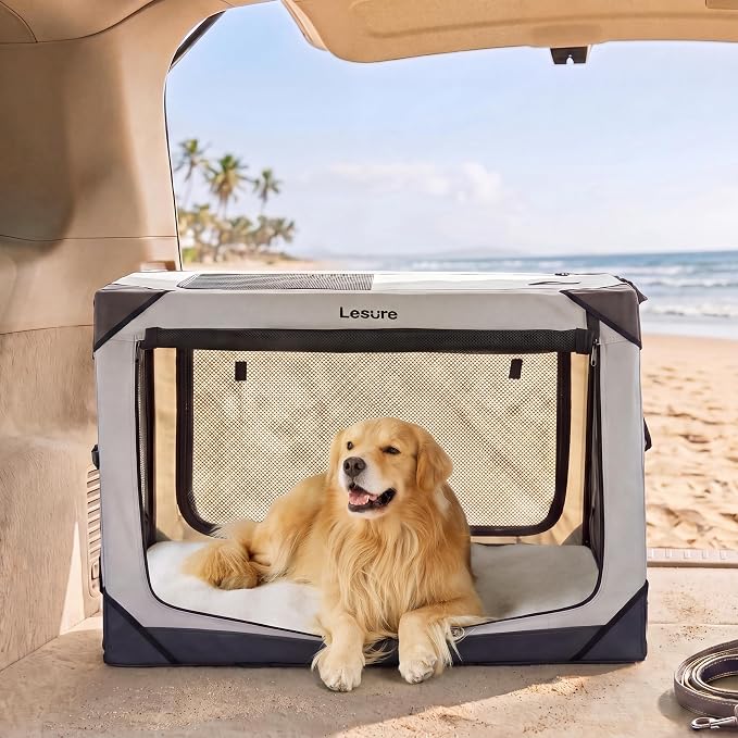 Lesure Portable Soft Collapsible XL Dog Crate, 42in Light Grey | Travel Camping Pet Kennel, 4-door, Indoor and Outdoor Use, Easy to Set Up and Fold, For Extra Large Breeds Up to 90lbs