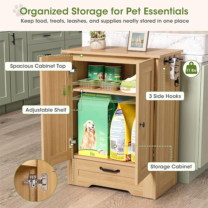 Dog Cabinet, Dog Feeding Station with Hidden Pull-Out Feeder, Oak | 5.9" Elevated Feeding Height, 2 Stainless Steel Bowls, Adjustable Shelf, 3 Side Hooks, Dog Food Storage Organizer
