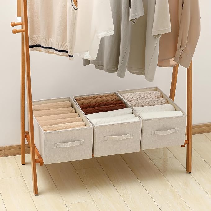 linen closet organizers and storage, Large Storage Baskets, washable, clothes organizer with handle, sweater organizer for closet (Beige, 15¾"x11¾ x9¾)