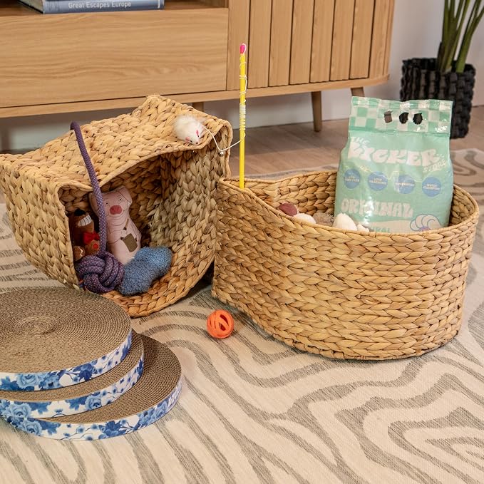 Felix Cat Shaped Hand Woven Water Hyacinth Nesting Pet Toy Organizer Baskets with Metal Frame Decorative Storage Bins for Living Room and Nursery, Brown, (Set of 2) BSK4001B-2SET