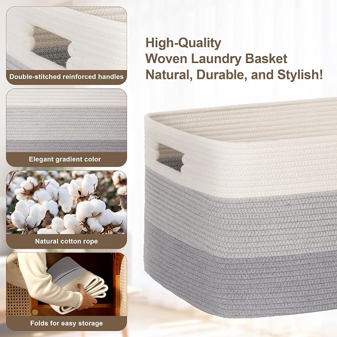 86L Large Woven Laundry Basket Hamper with Handles, Gradient Grey | collapsible wicker hamper, storage for dirty clothes, toys, blankets, gifts, living room, bedroom, bathroom, 24"x16"x14"
