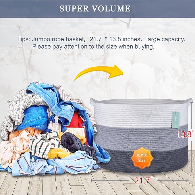 Large Cotton Rope Blanket Basket, 87L Laundry Hamper, White & Gray