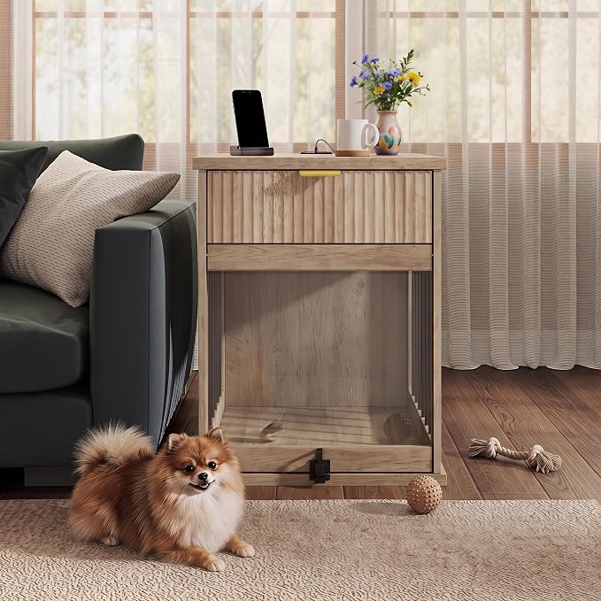 23.6" Small Dog Crate End Table with Charging Station, Dogs Kennel Furniture with Tempered Glass Door and Drawer, Wooden Decorative Dog Crates for Small Medium Dogs, Grey Oak