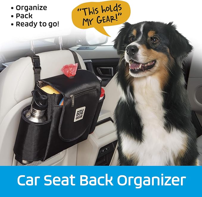 Mobile Dog Gear, Car Seat Back Organizer Travel Bag, Includes Built-in Waste Bag Dispenser and 1 Bag Roll, Black, Meets Airline Requirements