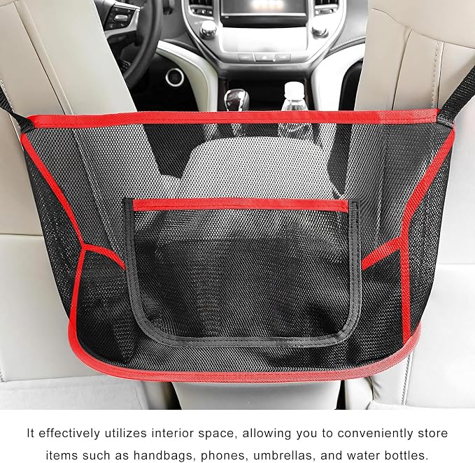 Car Net Pocket Handbag Holder, Large Capacity Mesh Bag for Console Front Seat, Barrier of Backseat Pet Storage Netting Pouch for Handbag Purse, Car Accessories for Women Men (Red)