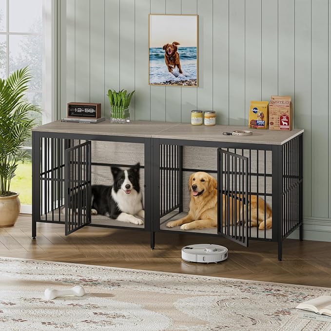 80" Dog Crate End Table, Heavy Duty 2-Door Indoor Pet Kennel, Multipurpose Dog House Furniture as TV Stand or Side Table for Living Room, Large & Medium Dogs (Brown)