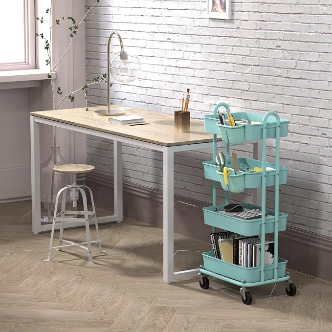 Simple Houseware 4-Tier Rolling Utility Cart with Hanging Bucket, Turquoise | Storage for Bathroom, Kitchen, Office, Study Room, Nursery Diaper