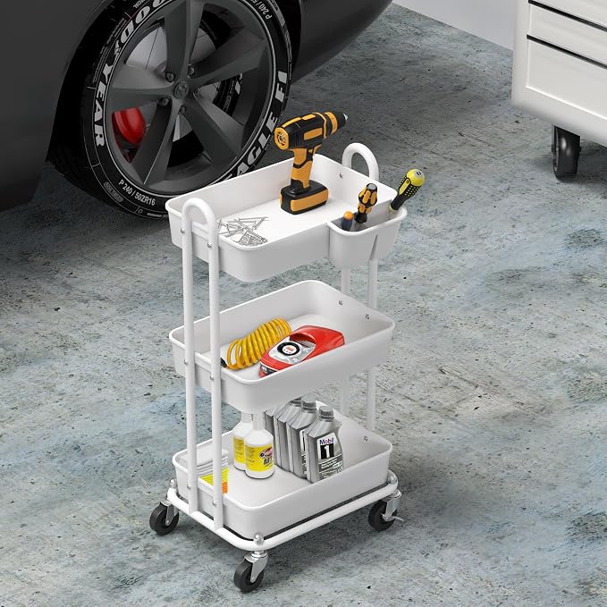 Simple Houseware 3-Tier Rolling Utility Cart with Hanging Bucket, White | Storage for Bathroom, Kitchen, Office, Study Room, Nursery Diaper