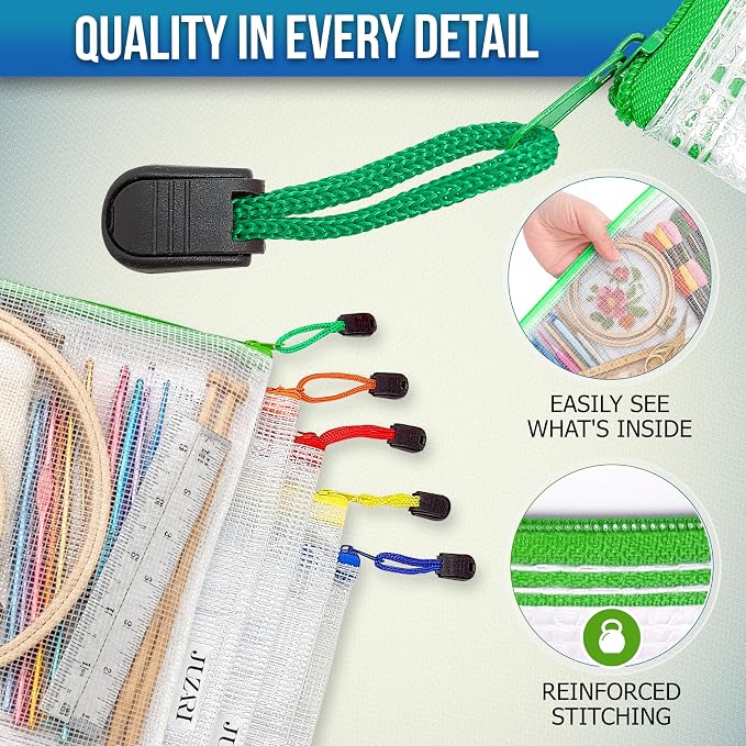 5 Pack Clear Project Bags with Zipper B4 (12x15in) - Craft Storage Bag for Needlepoint, Cross Stitch and Quilting - Heavy Duty Zip Project Bags for Organization 5 Colors: Red Yellow Green Blue Orange