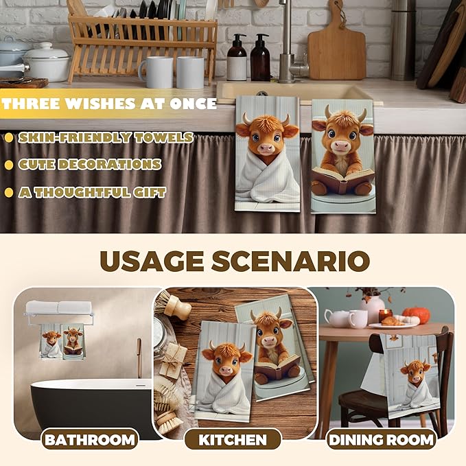 Bath Towels Set of 2, Cute Highland Cattle Dish Towel for Bathroom Spa Washroom, Western Calf Fast Drying Decorative Hand Towels, Farmhouse Housewarming Xmas Gifts for Women Mom -B22