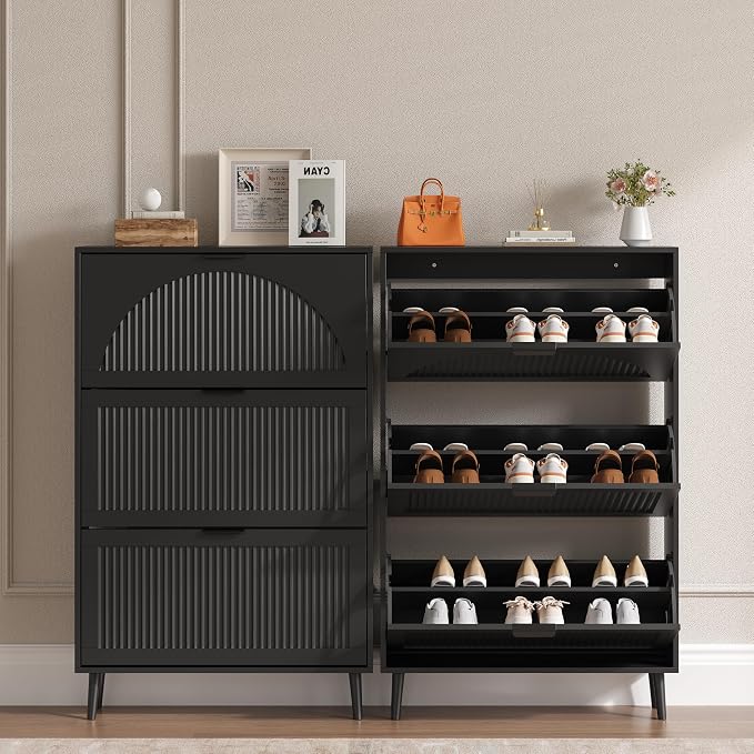 BORNOON Shoe Cabinet for Entryway with 3 Flip Drawers, Slim Wooden Shoe Storage Organizer with Modern Fluted Pannel，Freestanding Narrow Hidden Shoe Rack for Hallway, Foyer, Living Room