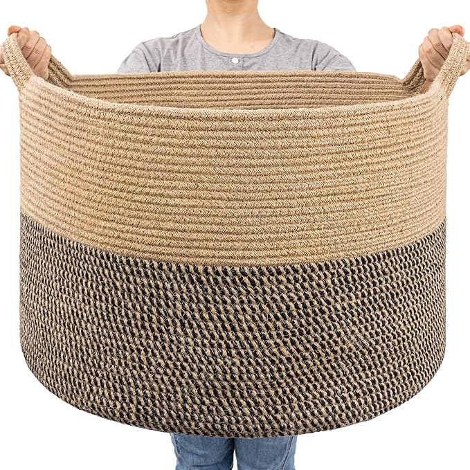 Goodpick Large Wicker Basket for Blankets, Baby Toy Storage Basket, 85L | 21.7 x 21.7 x 13.8 In Storage Basket for Toys Towels, Big Blanket Basket for Living Room, Jute