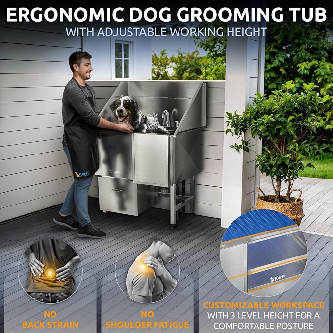 Professional Dog Washing Station 304 Stainless Steel Pet Wash Sink | Grooming Bathtub w/Shower, Floor Grates and Storage for Large, Medium & Small Pets