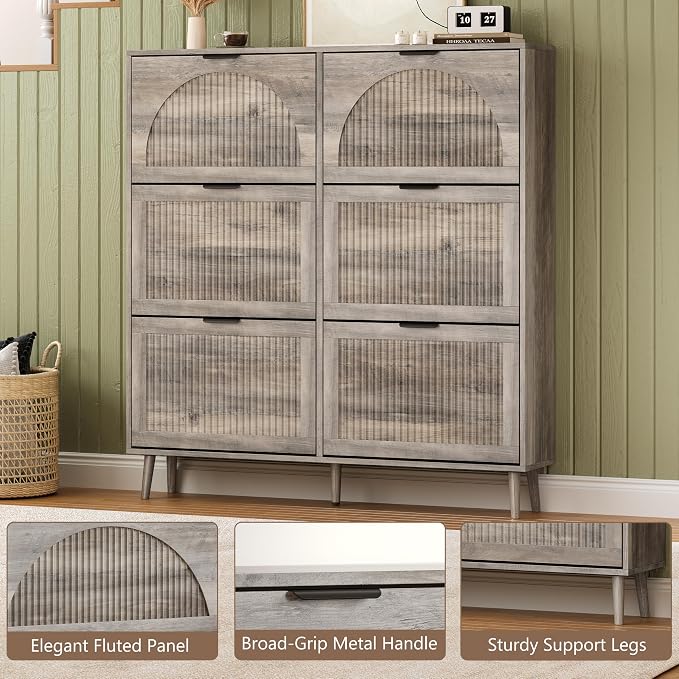 BORNOON Shoe Cabinet for Entryway with 6 Flip Drawers, Slim Wooden Shoe Storage Organizer with Modern Fluted Pannel，Freestanding Narrow Hidden Shoe Rack for Hallway, Foyer, Living Room