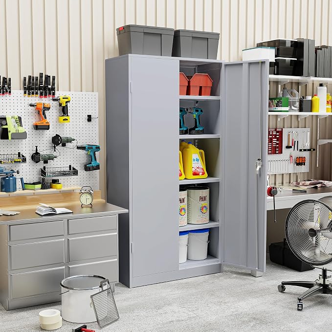 Crownland 72" Metal Storage Cabinet, Lockable Garage Storage Cabinets, High Office Cabinet with Adjustable Shelves for Garage, Home Office, Pantry, File(Cement Grey)